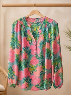 Lilly Pulitzer Pink & Teal Floral V-Neck Blouse